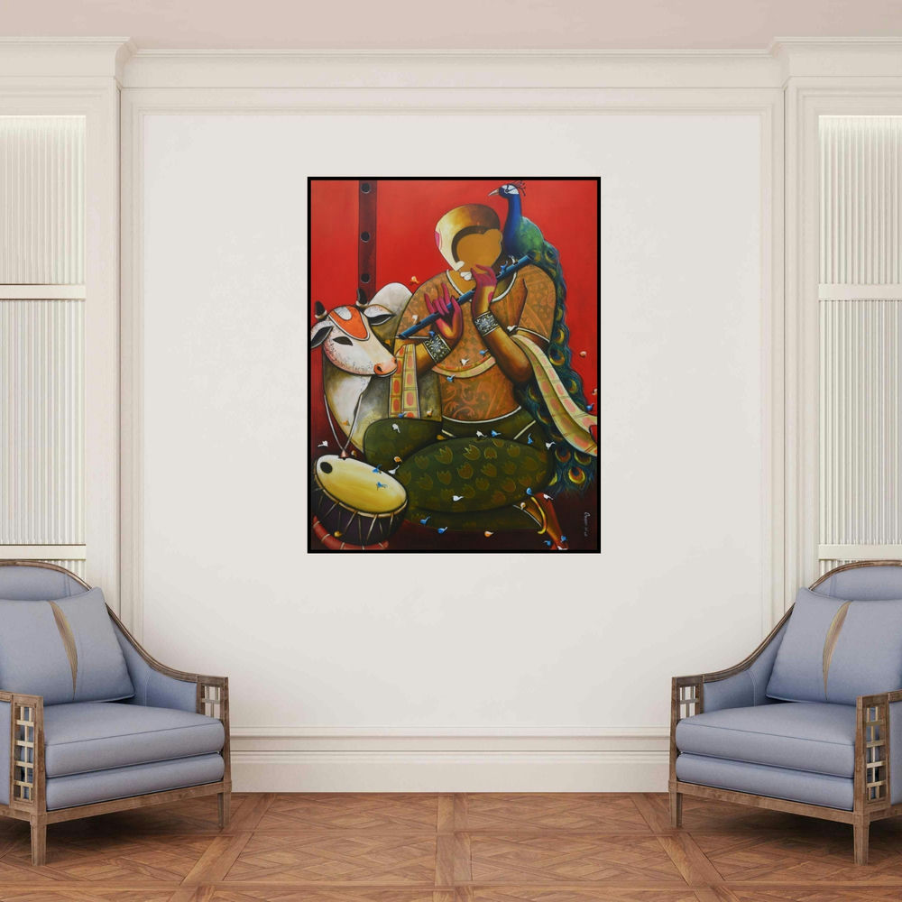 'The Mesmerizing Tunes 15' painting by Anupam Pal shown on a wall in a furnished room.