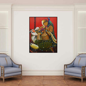 'The Mesmerizing Tunes 15' painting by Anupam Pal shown on a wall in a furnished room.