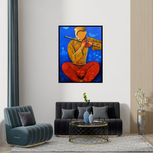 Preview of 'The Mesmerizing Tunes 3' Painting by Anupam Pal shown on a wall in a furnished room.