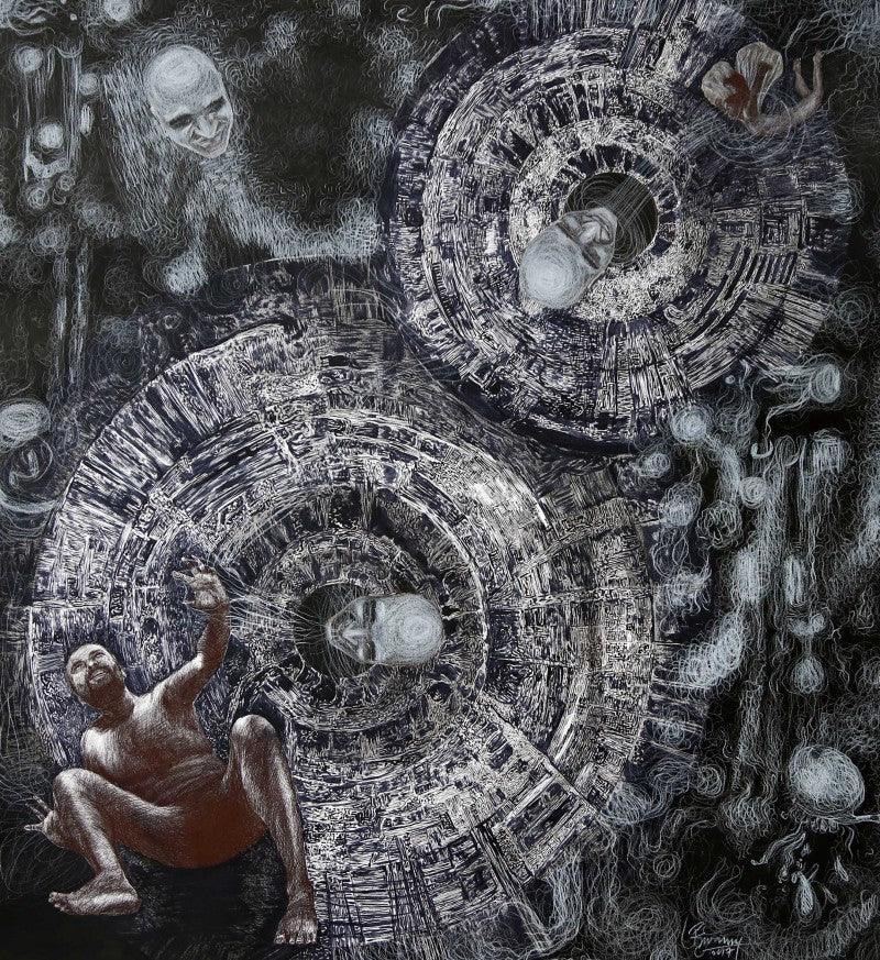 contemporary pen ink drawing titled 'Metamorphosis 2', 25x23 inches, by artist Kumara Swamy Pashikanti on Paper