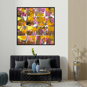 Prabhinder Lall's 'Metro Glimpses (Chromatic Harmony)' painting visualized above a sofa in a contemporary room.