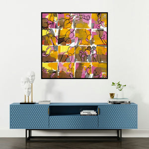 'Metro Glimpses (Chromatic Harmony)' painting by Prabhinder Lall shown on a wall in a furnished room.