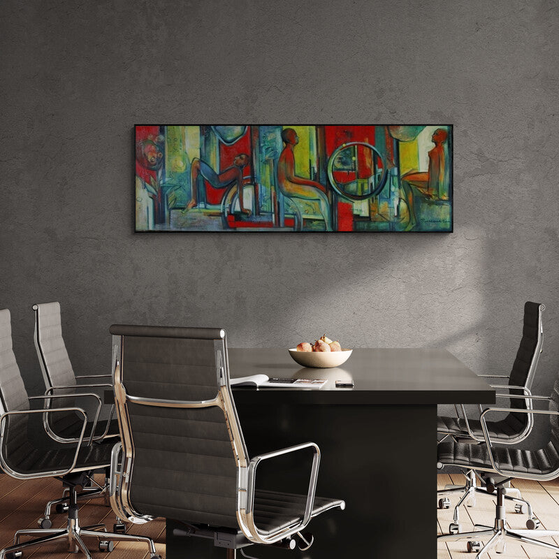 In-situ view of Pijush Kanti Bera's 'Metro Life' painting in a room