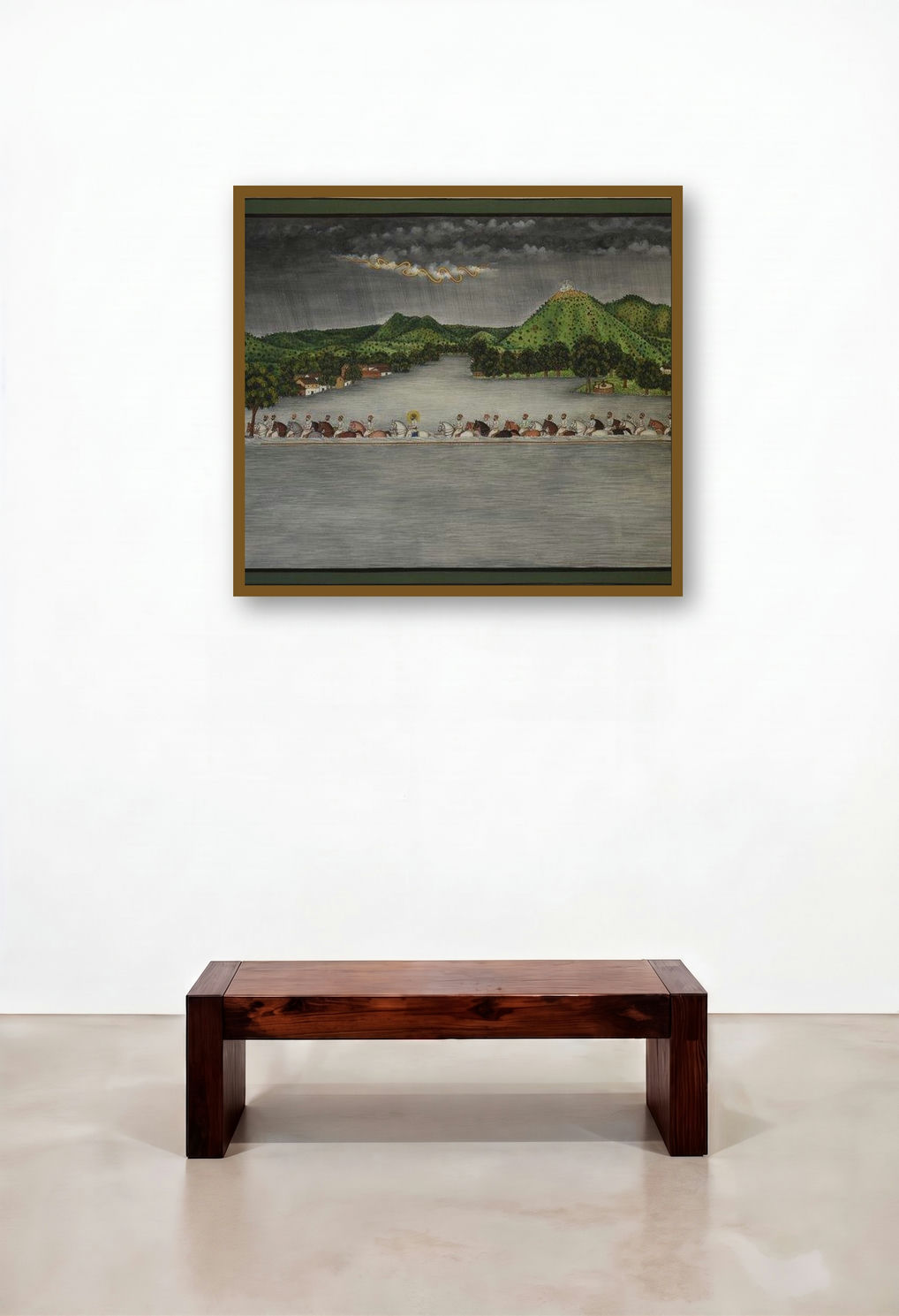 Mewar Pichwai (Royal Procession - Mewar Pichwai Painting) by artist Pushkar Lohar Pichwai displayed in a Modern Foyer