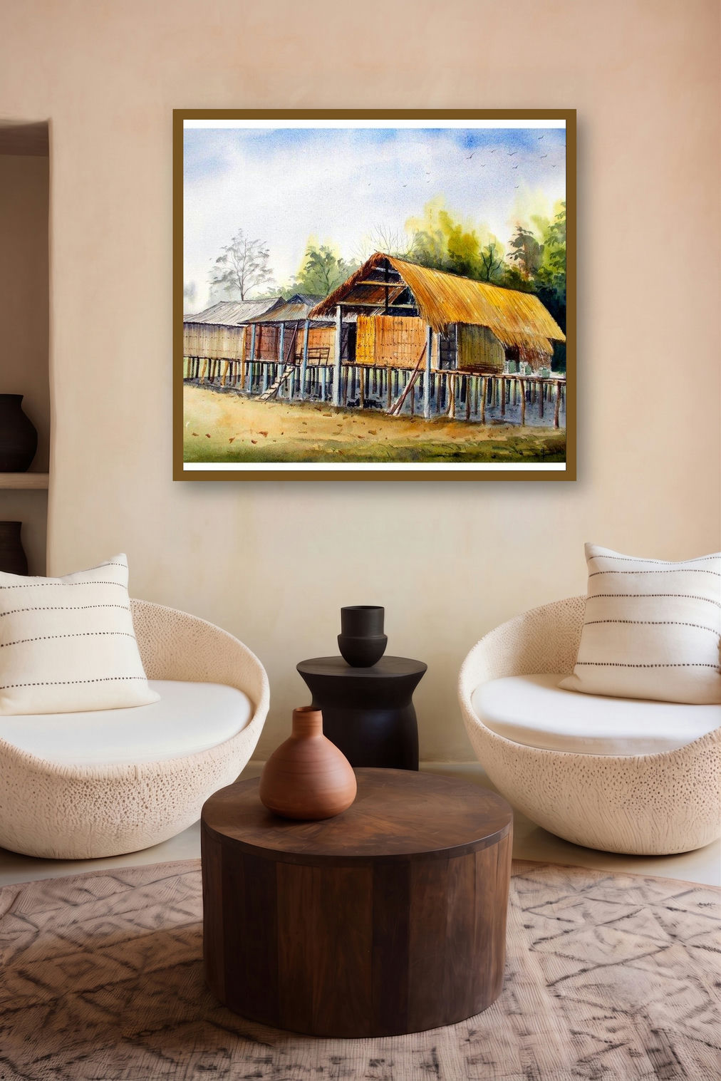 Miching Tradition House 1 (Homes of the Miching) by artist Biki Das displayed in a Boutique gallery