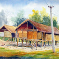 Landscape watercolor painting titled 'Miching Tradition House 2', 22x14 inches, by artist Biki Das on Paper
