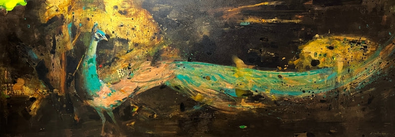 Midnight Peacock' animals acrylic painting by artist Dilip Dudhane, 30x84 inch, on canvas