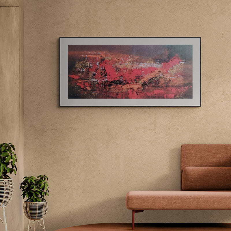 Preview of 'Midnight View (Crimson Abyss)' Painting by Dnyaneshwar Dhavale shown on a wall in a furnished room.