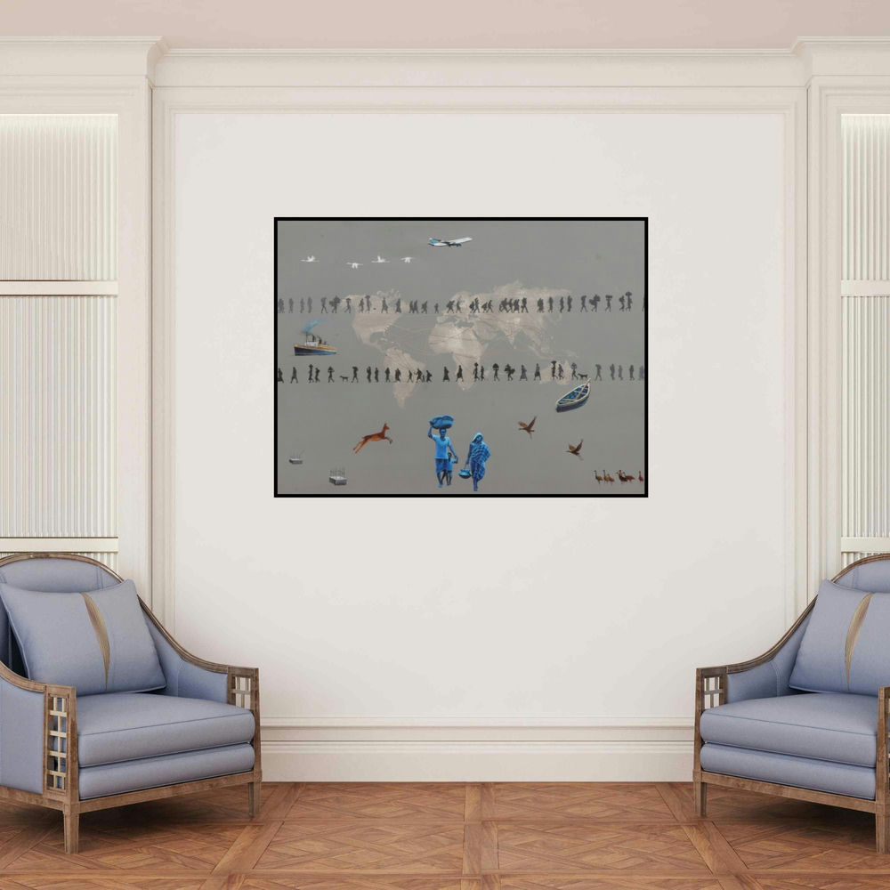 'Migration 1 (The Migrant Journey)' painting by Rawindra Das shown on a wall in a furnished room.