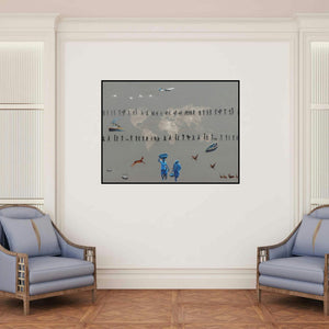 'Migration 1 (The Migrant Journey)' painting by Rawindra Das shown on a wall in a furnished room.