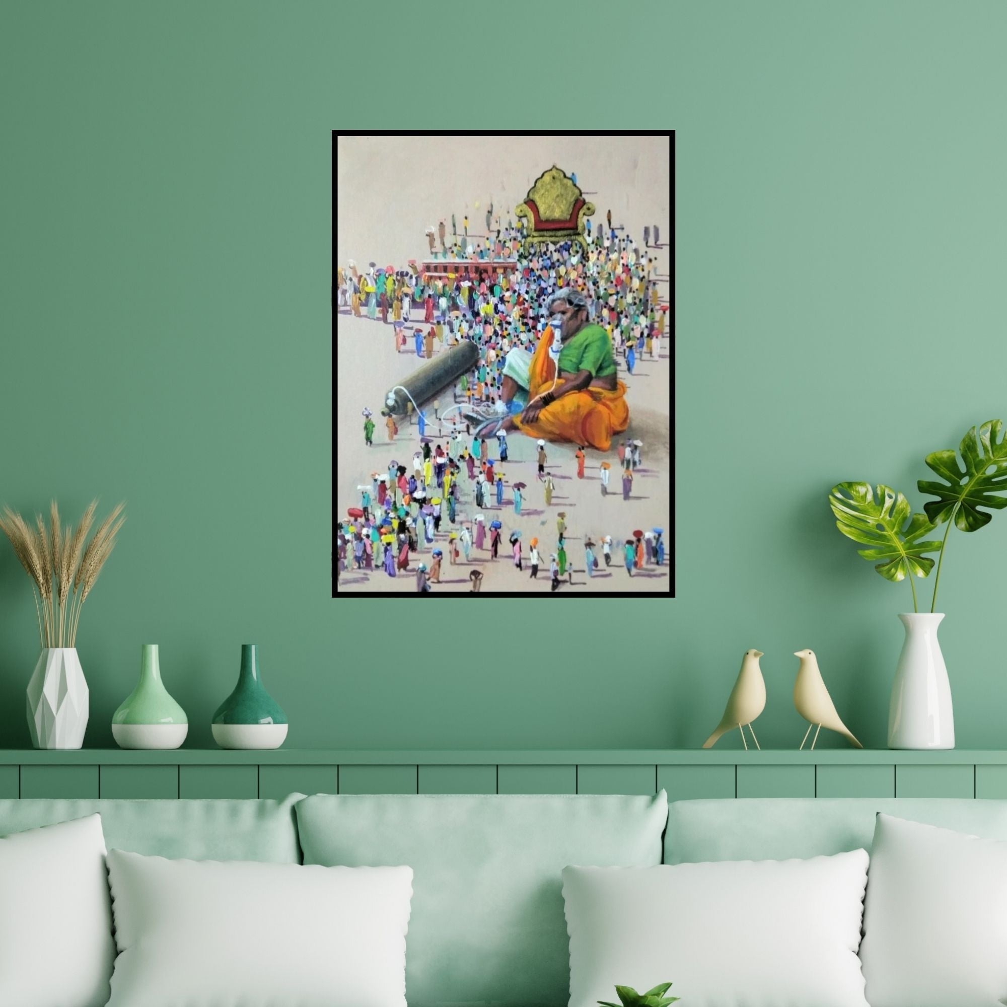 Preview of 'Migration (Breath of Life)' Painting by Amol Satre shown on a wall in a furnished room.