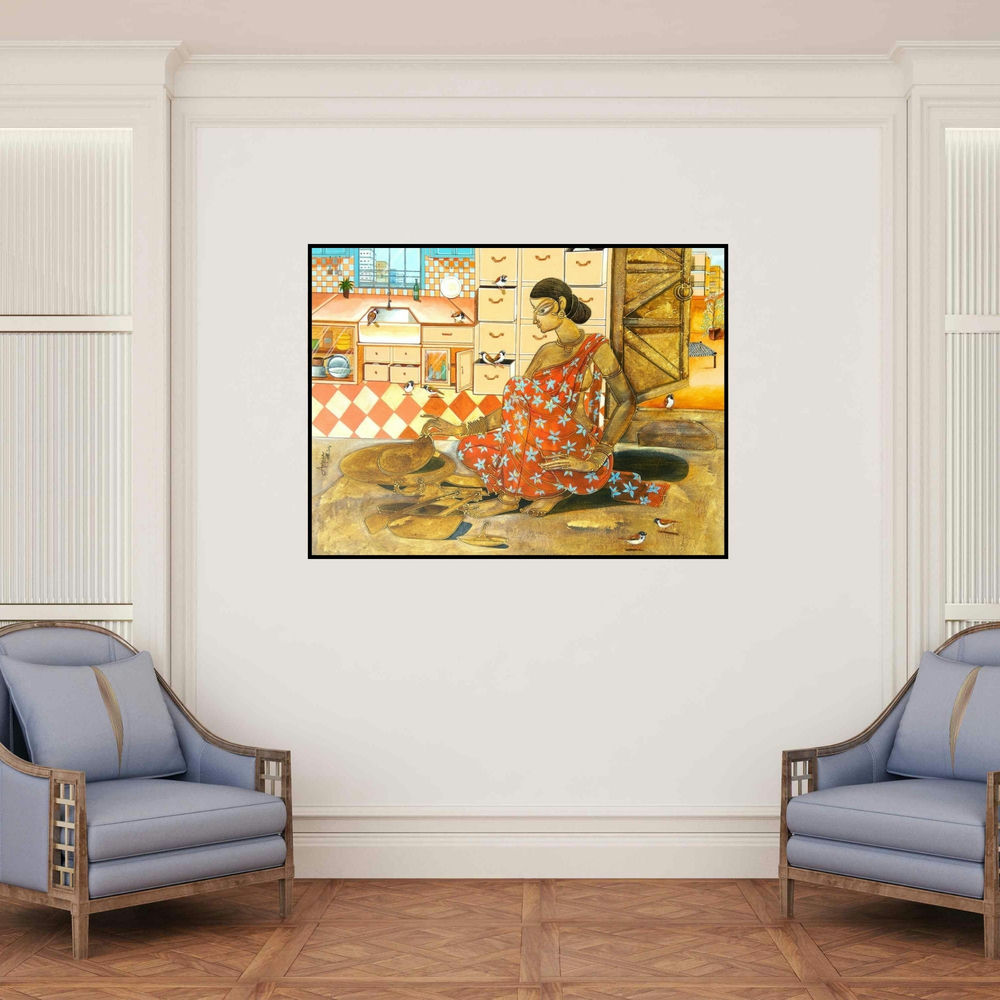 'Migration Part 4' painting by Abhipsa Pradhan shown on a wall in a furnished room.