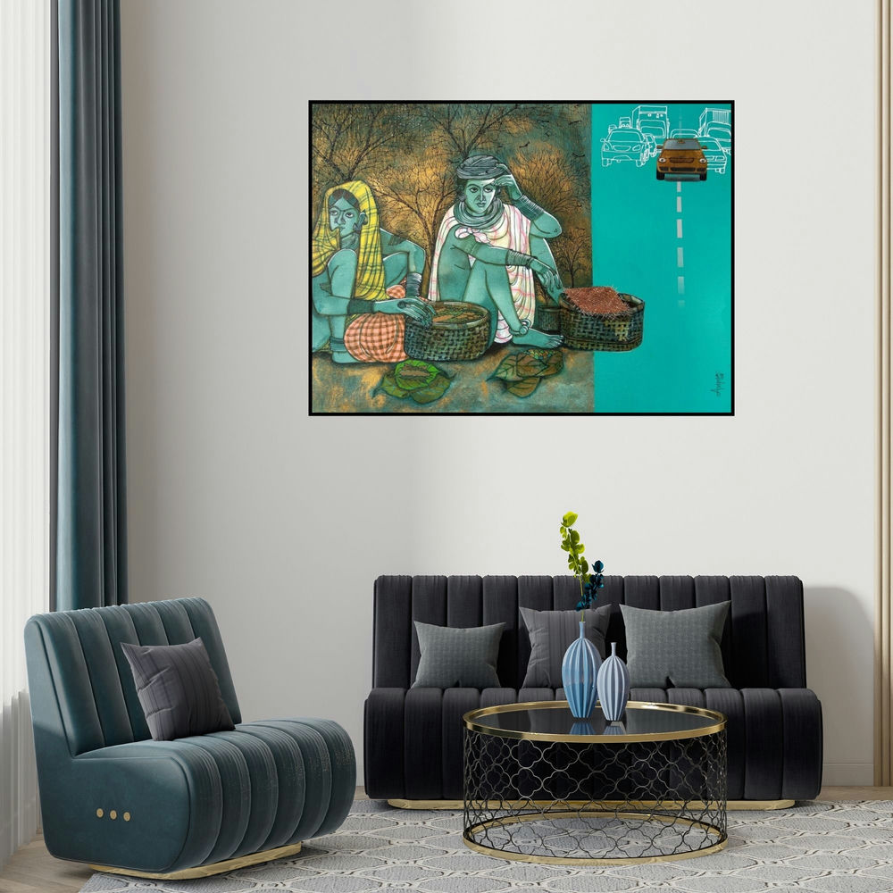 'Migration Part 6 (Convergence)' painting by Abhipsa Pradhan shown on a wall in a furnished room.