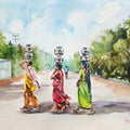 Figurative watercolor painting titled 'Miles to go to fill their pots', 21x14 inches, by artist Lasya Upadhyaya on Paper