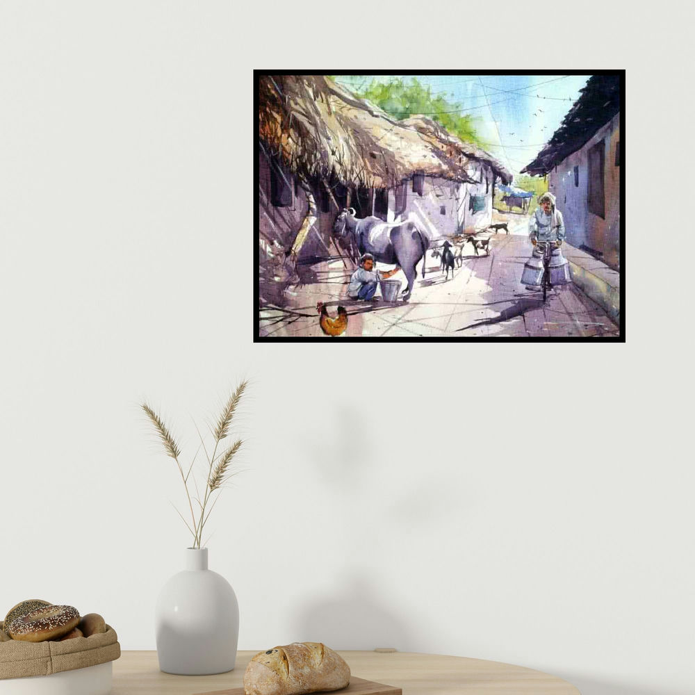 Amit Kapoor's 'Milk Man' painting visualized above a sofa in a contemporary room.