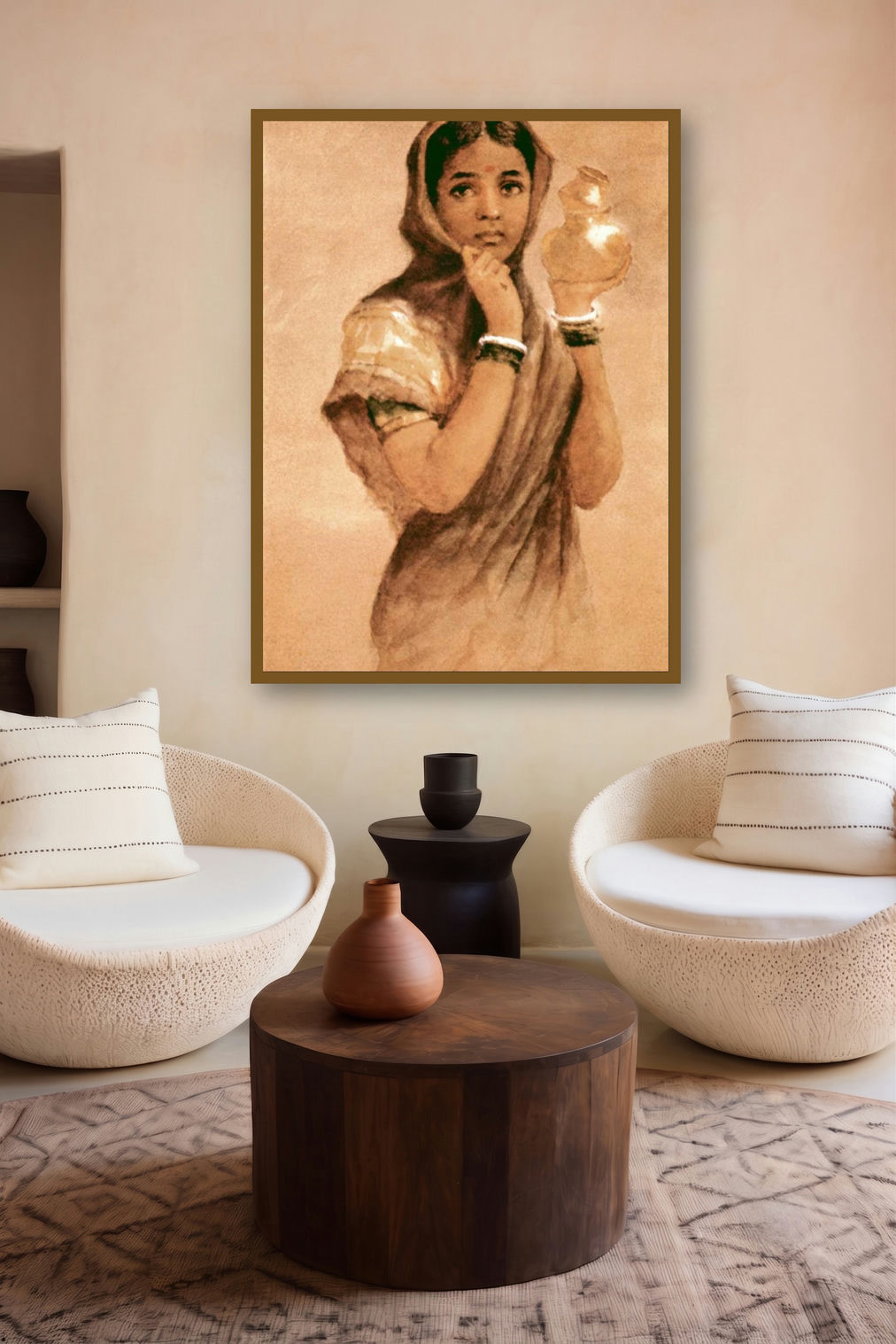 Milkmaid (The Milkmaids Reverie) by artist Raja Ravi Varma displayed in a Curated gallery