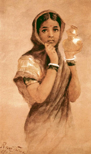 Milkmaid (The Milkmaids Reverie) by Raja Ravi Varma, Print Oil Figurative Painting on Canvas, X-Small Vertical Wall Art