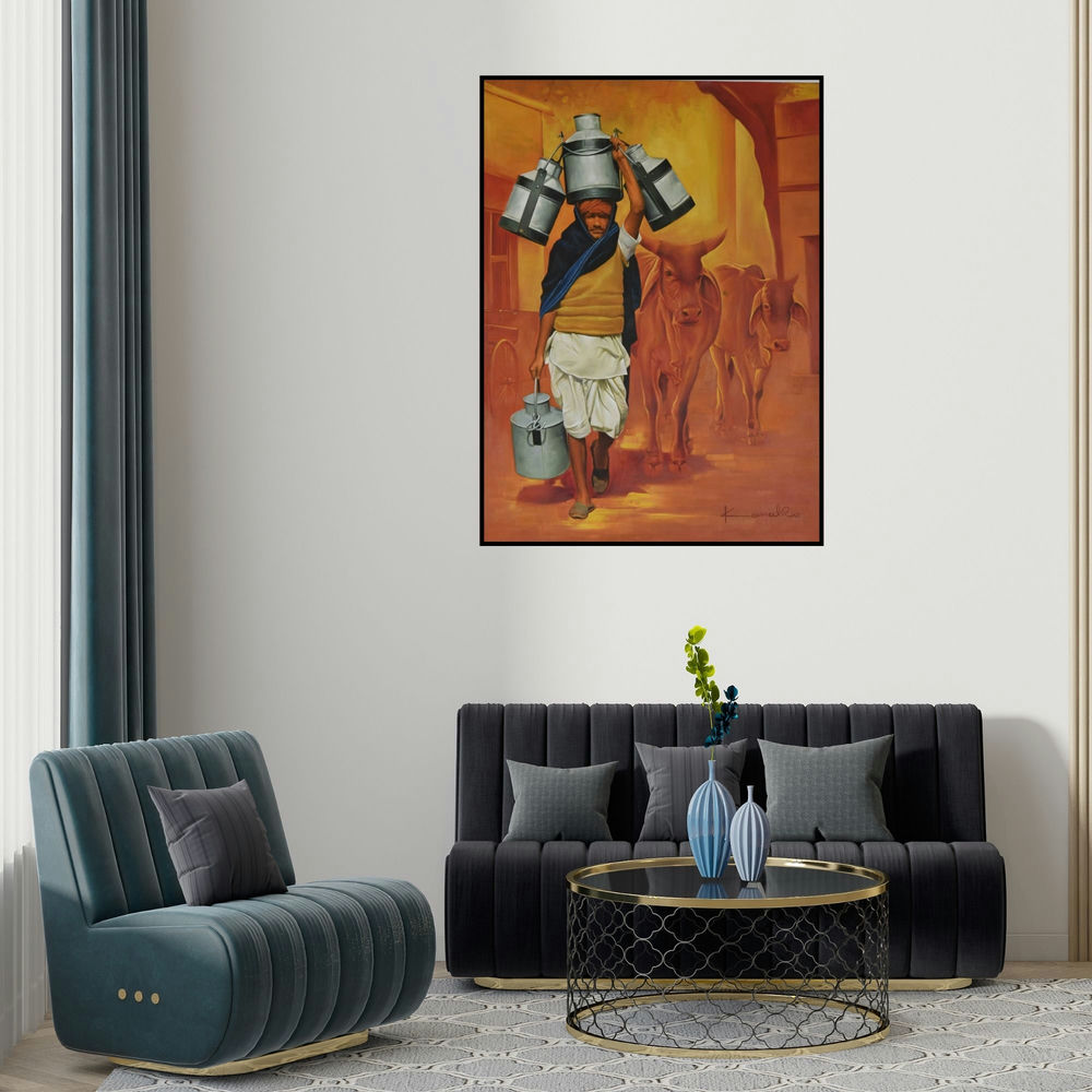 Kamal Rao's 'Milkman' painting visualized above a sofa in a contemporary room.