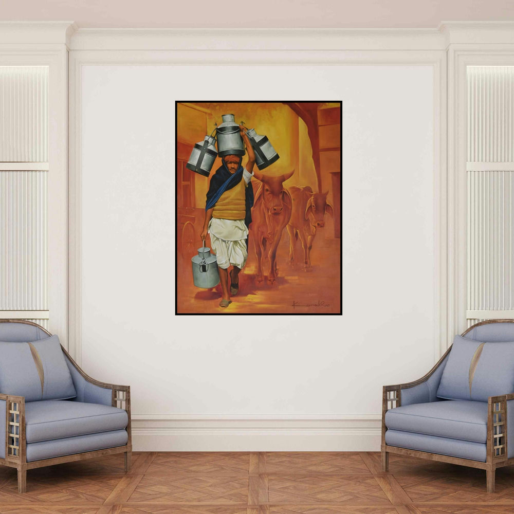 'Milkman' painting by Kamal Rao shown on a wall in a furnished room.