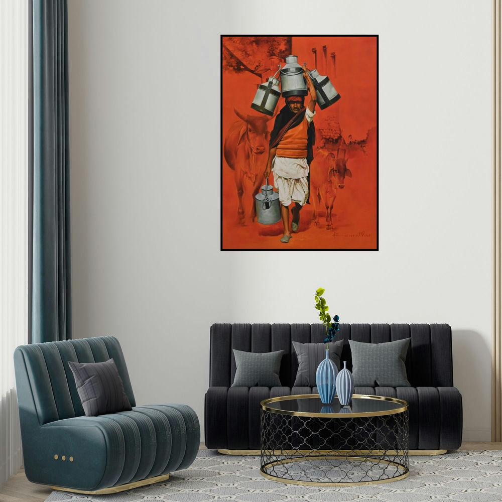 Kamal Rao's 'Milkman' painting visualized above a sofa in a contemporary room.