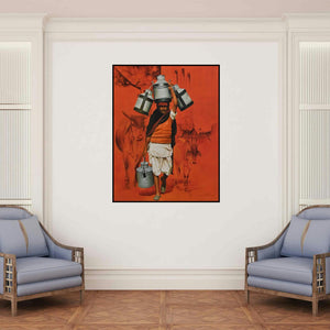 'Milkman' painting by Kamal Rao shown on a wall in a furnished room.