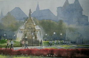 Mind Coller 2 (Flora Fountain, Mumbai) by Vijay Jadhav, Original Watercolor Cityscape Painting on Paper, Small Horizontal Wall Art