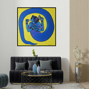 Aditya Pandit's 'Mind Controller (Inner Harmony)' painting visualized above a sofa in a contemporary room.