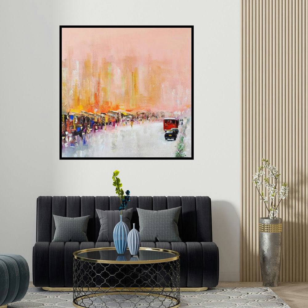 Tejinder Ladi Singh's 'Mind The Gap (Urban Tapestry)' painting visualized above a sofa in a contemporary room.