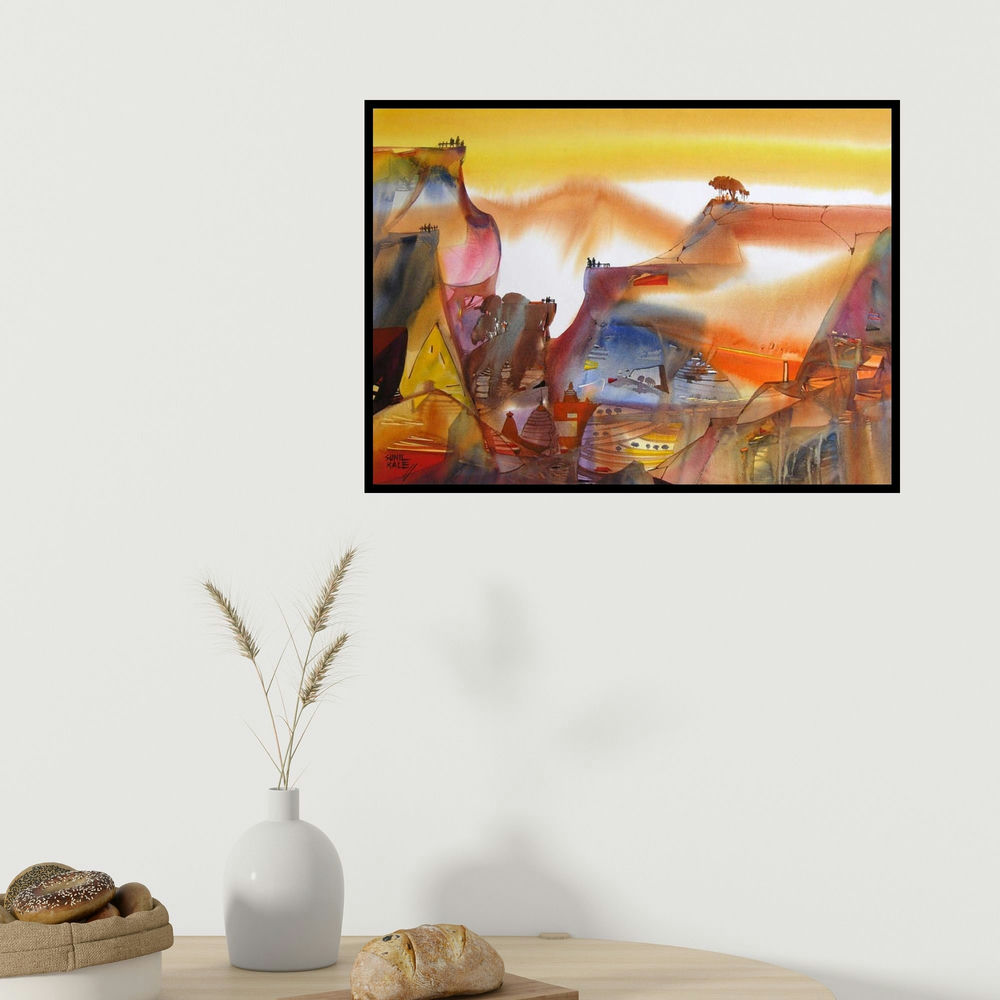 Sunil Kale's 'Mindcsape 34 (Citadel of Dreams)' painting visualized above a sofa in a contemporary room.