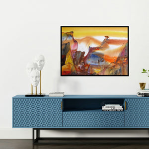 'Mindcsape 34 (Citadel of Dreams)' painting by Sunil Kale shown on a wall in a furnished room.