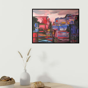 Sunil Kale's 'Mindscape 11 (Urban Mosaic)' painting visualized above a sofa in a contemporary room.