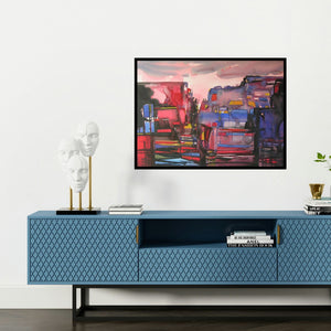 'Mindscape 11 (Urban Mosaic)' painting by Sunil Kale shown on a wall in a furnished room.