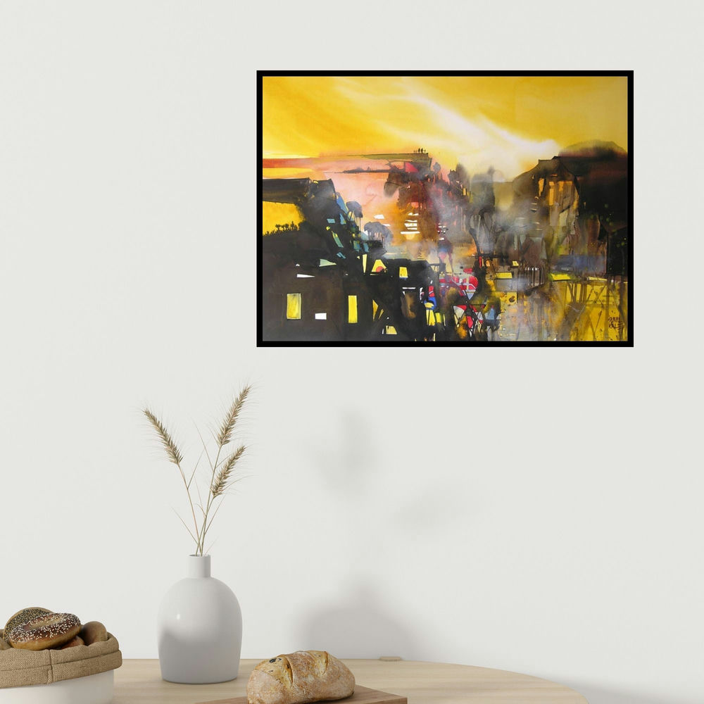 Sunil Kale's 'Mindscape 7 (Twilight City)' painting visualized above a sofa in a contemporary room.