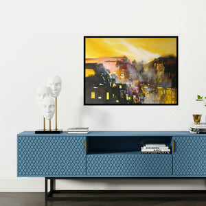 'Mindscape 7 (Twilight City)' painting by Sunil Kale shown on a wall in a furnished room.