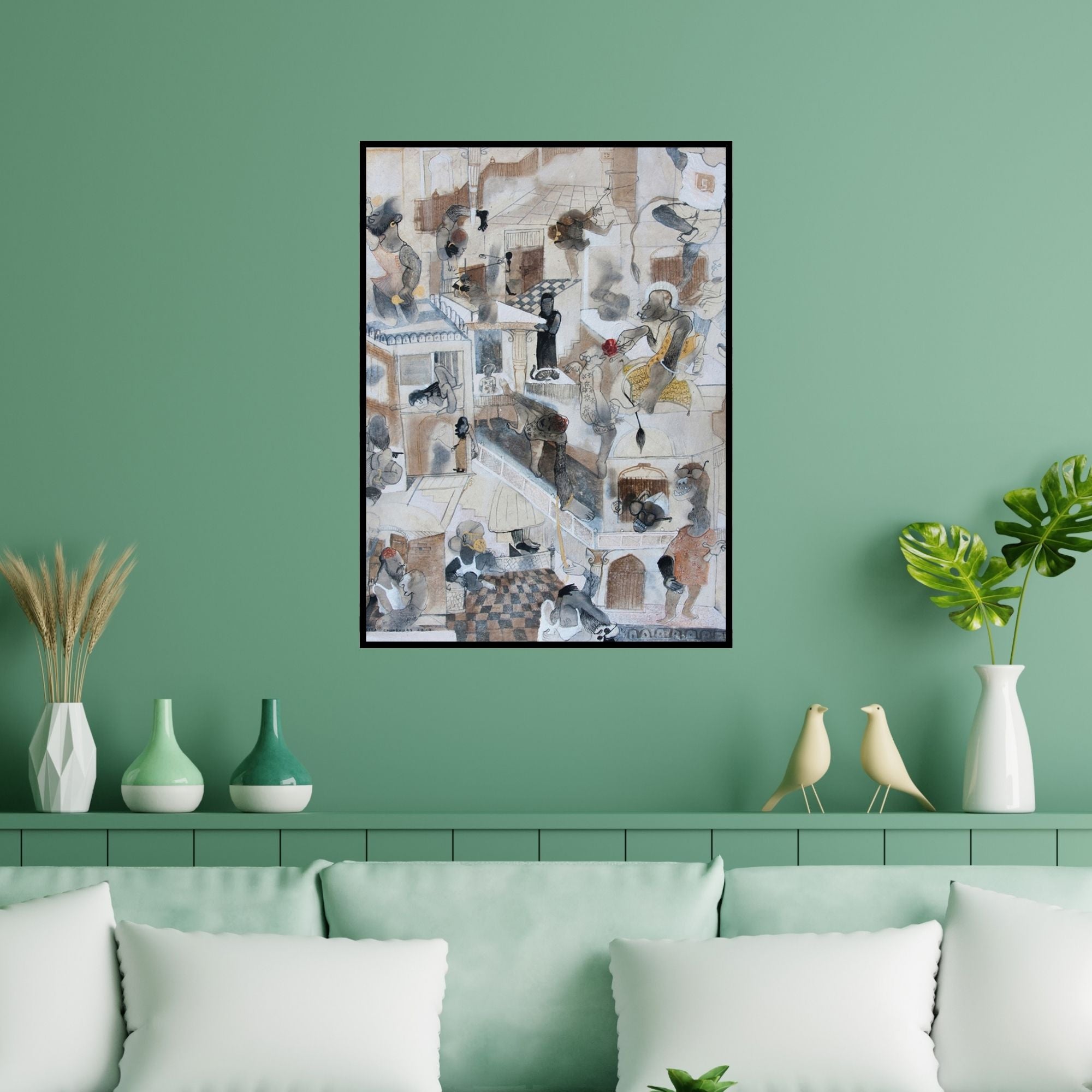 Preview of 'Miniature 1 (A Day in the City)' Painting by Susmita Chowdhury shown on a wall in a furnished room.