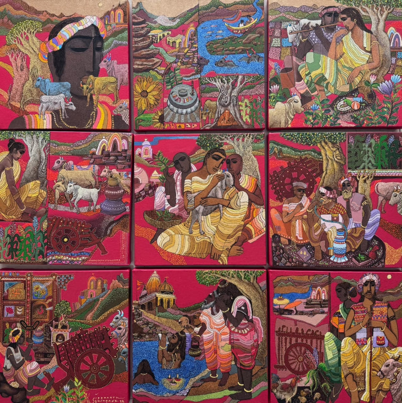 Miniature Series 2' figurative acrylic painting by artist Siddharth Shingade, 36x36 inch, on canvas