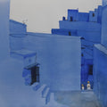 'Minimalist Blues Giant Walls' cityscape watercolor painting by artist Prashant Prabhu, 18x24 inch, on archival paper