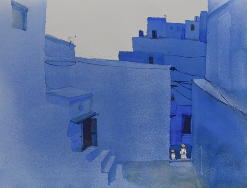 Minimalist Jodhpur Blue Walls' cityscape watercolor painting by artist Prashant Prabhu, 18x24 inch, on archival paper