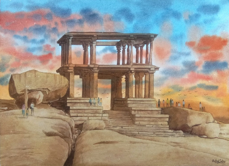 Miraculous Evening At Hemakuta Hill' cityscape watercolor painting by artist Rahul Salve, 10x14 inch, on paper