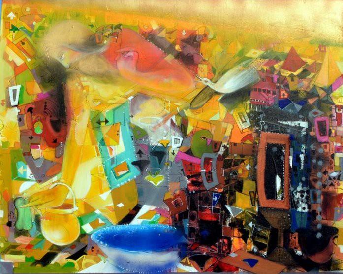 Abstract acrylic painting titled 'Mirage', 46x56 inches, by artist Madan Lal on Canvas