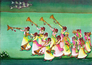 Miravnuk (A Festive Procession) by Anand Sonar, Original Mixed Media Figurative Painting on Handmade Paper, Medium Horizontal Wall Art
