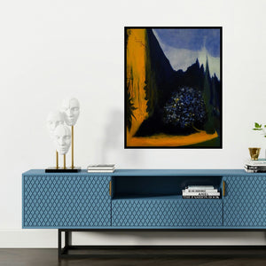 'The Mirik (Twilight's Embrace**)' painting by Debabrata Hazra shown on a wall in a furnished room.