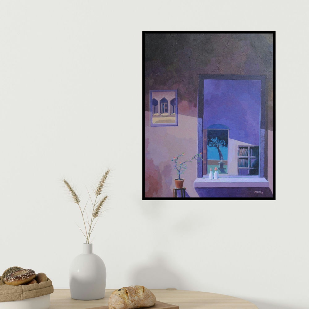 Mansing Jadhav's 'The Mirror (Window to the Past)' painting visualized above a sofa in a contemporary room.