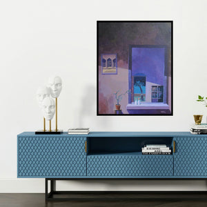 'The Mirror (Window to the Past)' painting by Mansing Jadhav shown on a wall in a furnished room.