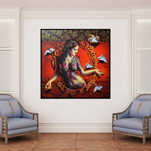 In-situ view of Prashanta Nayak's 'Mirror Lady 1' painting in a room