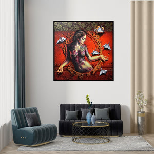 Preview of 'Mirror Lady 1' Painting by Prashanta Nayak shown on a wall in a furnished room.