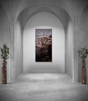 Preview of 'The Mischief Makers (A Primate Gathering)' Painting by Amit Dhane shown on a wall in a furnished room.