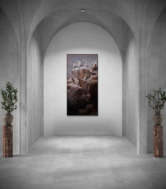 Preview of 'The Mischief Makers (A Primate Gathering)' Painting by Amit Dhane shown on a wall in a furnished room.