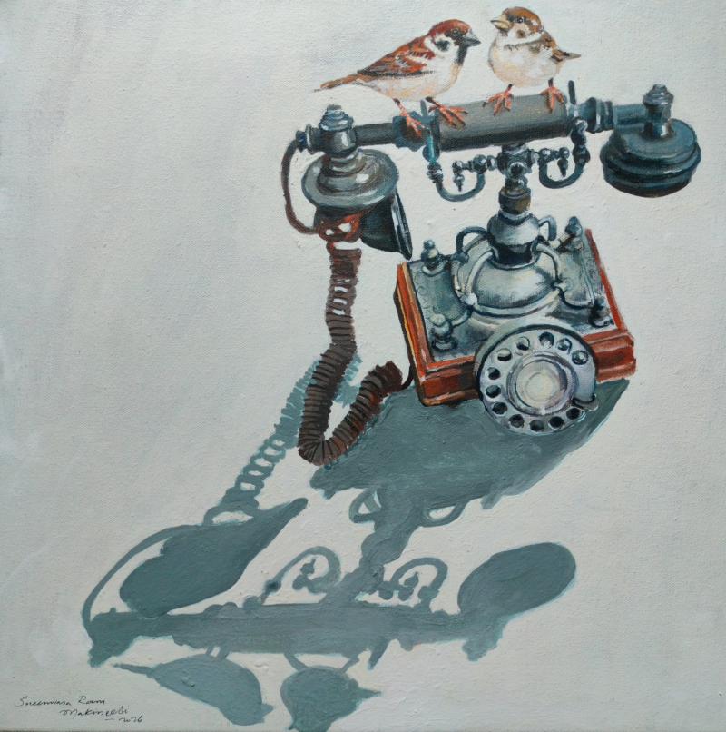 The Missed Call 2' still-life acrylic painting by artist Srinivasa Ram Makineedi, 18x18 inch, on canvas