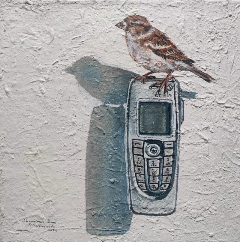 The Missed Call 4' still-life acrylic painting by artist Srinivasa Ram Makineedi, 24x24 inch, on canvas